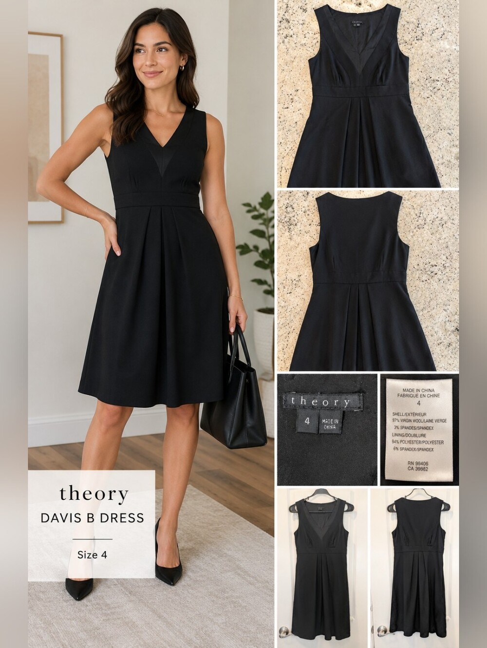 Theory Davis B Black Wool Blend Sleeveless Fit & Flare Career Dress Size 4